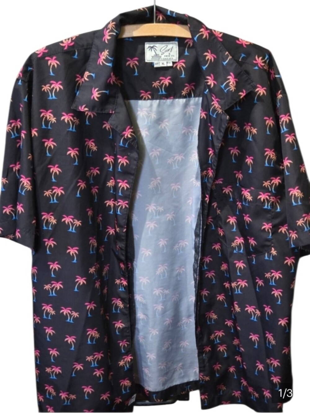Surf & Swim Co Palm Tree Print Open Front Beach Cover Up Shirt XL Black Neon